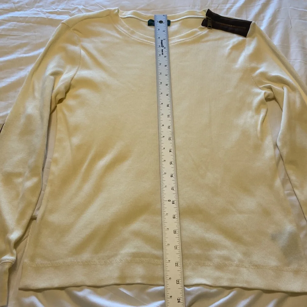 Ralph Lauren VTG LSleeve Pullover Ivory & Brown Elbow Patches, Zipper SZ P/L, EC - Picture 9 of 12
